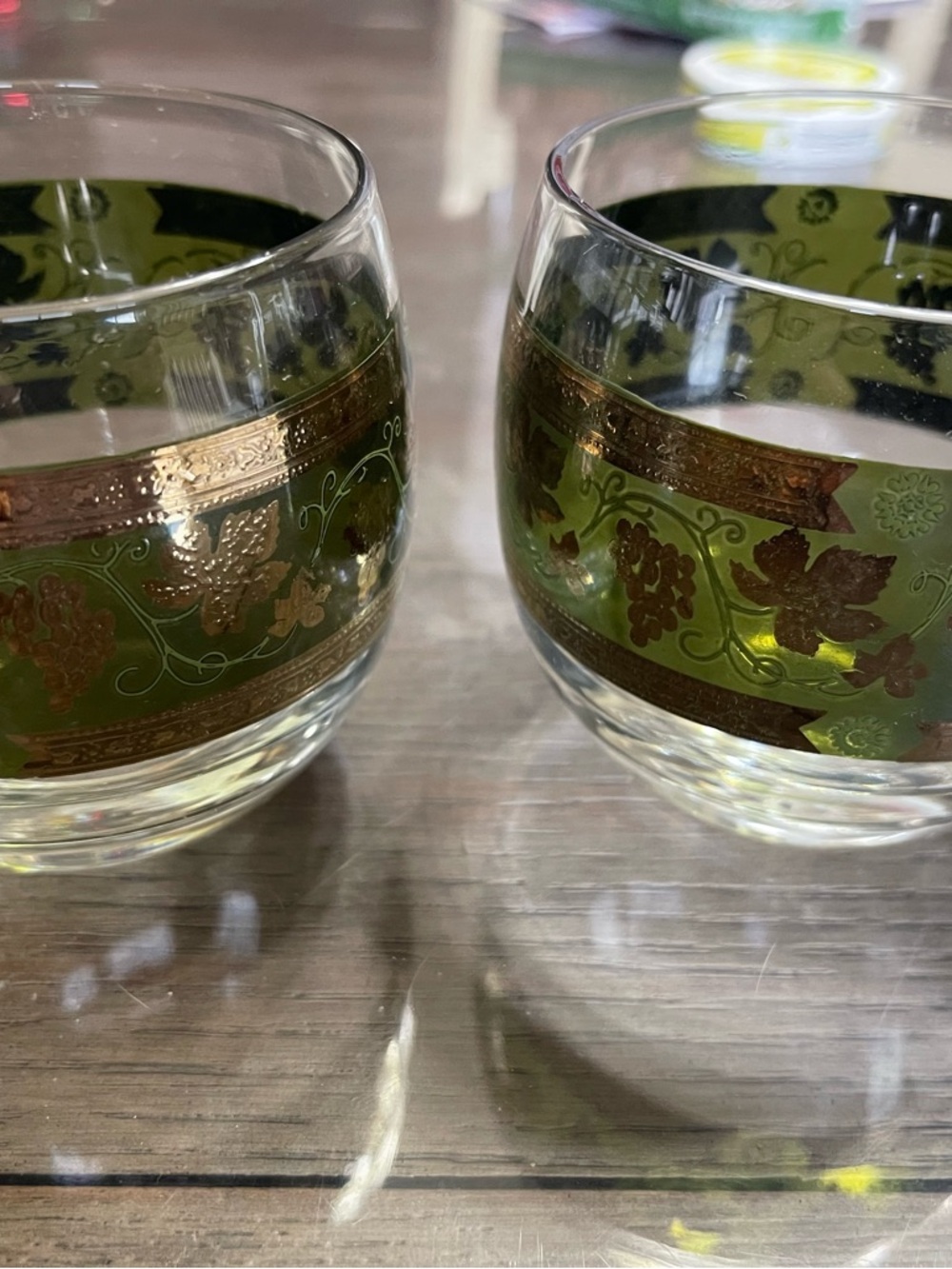 Vintage Green and Gold Gilded Glass Tumbler Pair